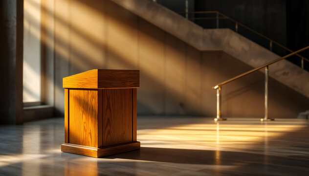 A solitary wooden lectern bathed in warm sunlight, awaiting a speaker's words in a grand, echoing hall.