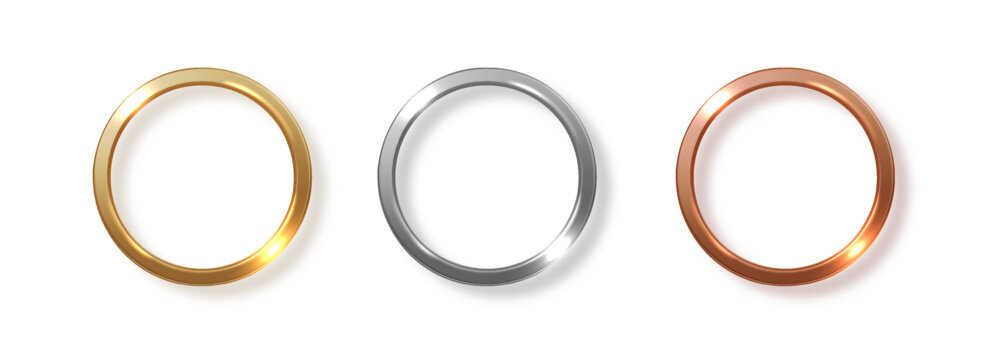 Metal circle isolated. Gold silver and bronze blank medals, button, emblem, label, frame, border. Luxury golden vector realistic PNG