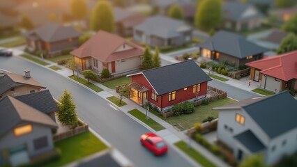 Suburban Neighborhood at Dusk: Cozy Red House on Residential Street