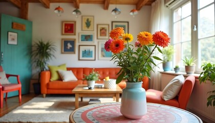 Cute retro quirky living room cafe den sitting room with furniture in fun rainbow vintage colors and painted walls with plants and lamps