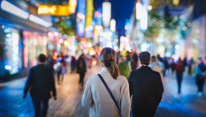 Fototapeta premium Personas variadas caminando con desenfoque de movimiento por por la noche una calle de ciudad iluminada con ambiente cálido