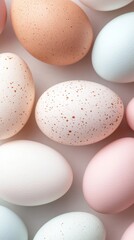 Colorful assortment of decorative eggs arranged on a light background for spring festivities, evoking a sense of renewal and celebration during the season