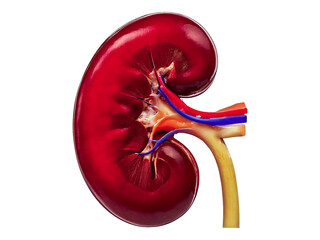 High-detail anatomical model of a human kidney, showcasing its internal structure and vascular system.  Ideal for medical education, health publications, or scientific presentations.