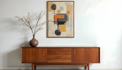 Vignette of a vintage wooden credenza with an abstract a painting hanging on the wall above with a floral arrangement in a rustic hand thrown vase