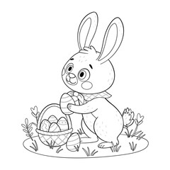 Easter bunny puts eggs in a basket coloring page. Hand drawn line art style. Rabbit or hare looking for eggs in a meadow with flowers, spring festive animal holiday character coloring book.