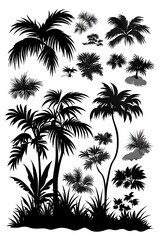 Various tropical plants and palm trees depicted in black silhouettes