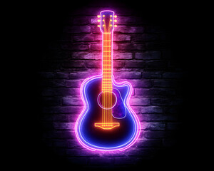 Neon Acoustic Guitar Sign on Brick Wall (1)