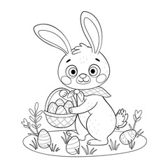 Cute Easter Bunny with a basket coloring page. Hand drawn line art style. Rabbit or hare looking for eggs in a meadow with flowers, spring festive animal holiday character coloring book.