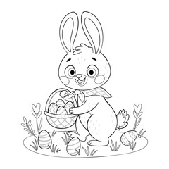 Cute Easter Bunny with a basket coloring page. Hand drawn line art style. Rabbit or hare looking for eggs in a meadow with flowers, spring festive animal holiday character coloring book.