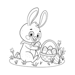 Easter bunny puts eggs in a basket coloring page. Hand drawn line art style. Rabbit or hare looking for eggs in a meadow with flowers, spring festive animal holiday character coloring book.