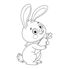 Cute Easter Bunny hugs big carrot coloring page. Hand drawn line art style. Rabbit or hare with ripe and juicy carrot, spring festive animal holiday character coloring book.