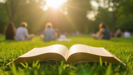 Open Book in Sunny Park with Blurred People in Background