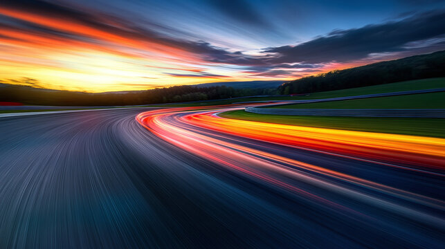 Fiery trails of a speeding car illuminate a race track at night, creating a dramatic and dynamic scene