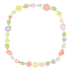 Cartoon wild flowers flowers, grasses frame, border. Scandinavian style flat design, isolated vector. Meadow blossoms, wild florals, botanical element. Kids seasonal clip art, spring, summer print