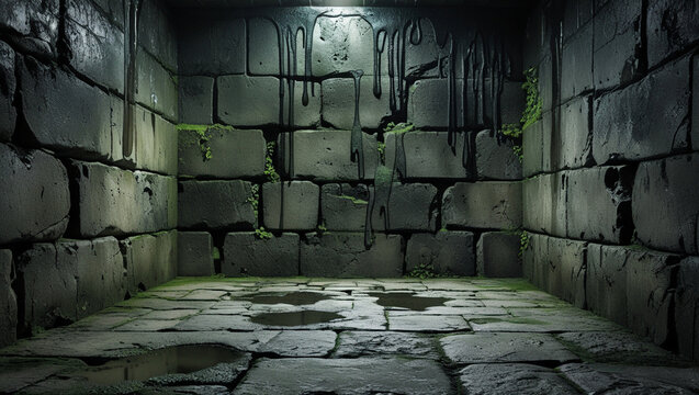A forgotten, damp dungeon cell, echoing with the weight of untold stories, dimly lit, showcasing a textured stone wall with dark, dripping stains and patches of stubborn green moss.
