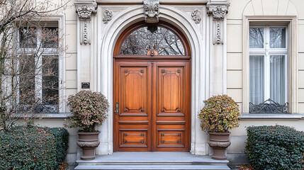 French classical door wooden traditional european entrance to a private house in haussmann style city center
