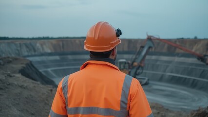 Construction Worker in Hard Hat Observing Mining Operation