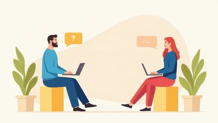 Online Collaboration: Man and Woman Discussing Project on Laptops