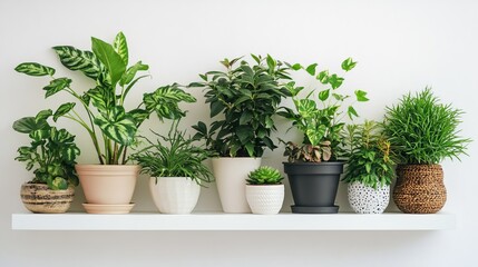 Fototapeta premium Beautiful Green Houseplants Collection Potted Plants Home Decor Lush Greenery Indoor Plants White Shelf Botanical Arrangement Natural Decor Modern 