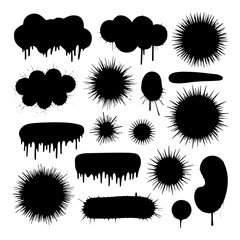 Grunge Ink Brush Strokes Set. A collection of bold ink brush strokes with splatter effects, ideal for creative projects.