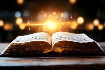 Open ancient book, glowing music notes, dark background