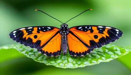 Obraz premium Orange butterfly resting on leaf, lush green background
