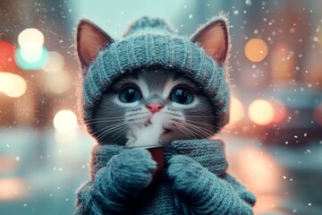 Pet well-being. Entertaining pets. Happy cute baby cat lykoi in winter warm clothes, cold breath from nose and mouth in chilly air. Kitten fashion tips. Pet care hacks. Kitten care routine.