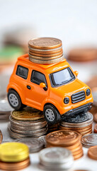 Orange toy car atop coins, financial savings, white background
