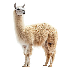 A Gentle Llama Standing Tall in Fluffy Cream Color Isolated on Transparent Background