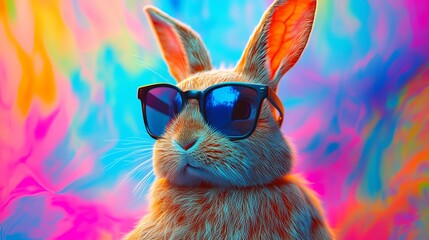 Cool Rabbit Wearing Sunglasses Vibrant Colorful Background Trendy Animal Portrait Digital Art Illustration Graphic Design Image Perfect for Social    