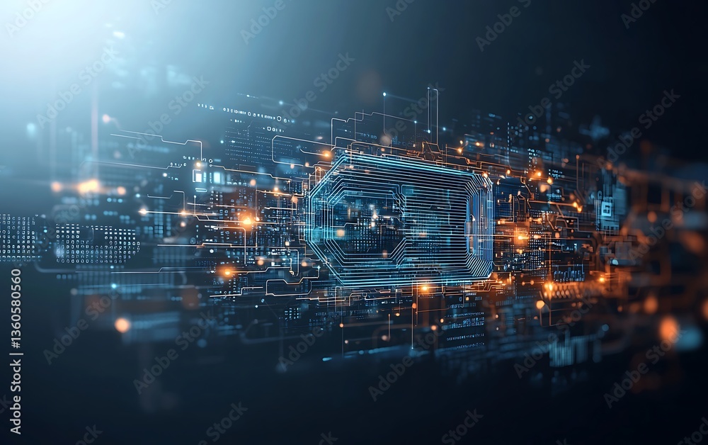 Poster Advanced technological data processing.  Complex circuitry and digital interface