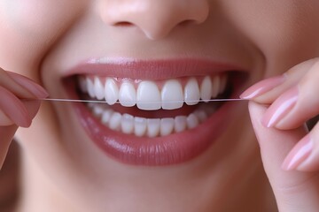 Maintaining oral hygiene with dental floss in a bright setting