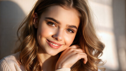 Fototapeta premium Young woman smiling while touching her hair in soft light 