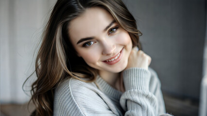 Naklejka premium Young woman smiling warmly in cozy sweater against soft background 