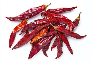 A high-contrast macro photograph of dried red chili peppers, their vibrant scarlet color and textured skin 