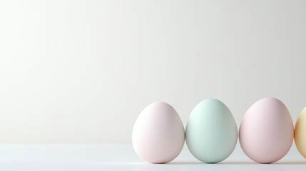 Fototapeta premium Decorative pastel colored eggs arranged in a row against a minimalist background for spring celebration or Easter event