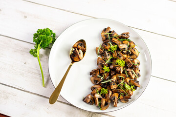 Roasted, baked mushrooms, homemade food. Top view