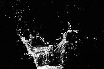 Aqua Cascade: A dynamic capture of water erupting, frozen mid-air in an instant of pure energy, showcasing the fluid's natural form and the intricate details of its splash against a dark backdrop.
