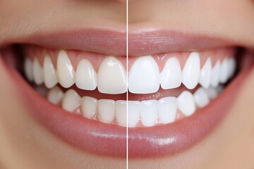 Before and after comparison of teeth whitening results in a close-up view