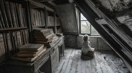 Obraz premium Child sits in dusty attic library