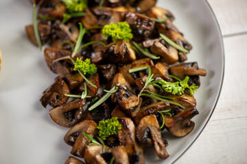 Roasted, baked mushrooms, homemade food. Top view
