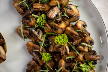 Roasted, baked mushrooms, homemade food. Top view