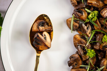 Roasted, baked mushrooms, homemade food. Top view