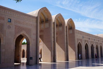Arched Walkways and Islamic Architecture at Sultan Qaboos Grand Mosque in Muscat, Oman - Spiritual, Peaceful and Serene Atmosphere