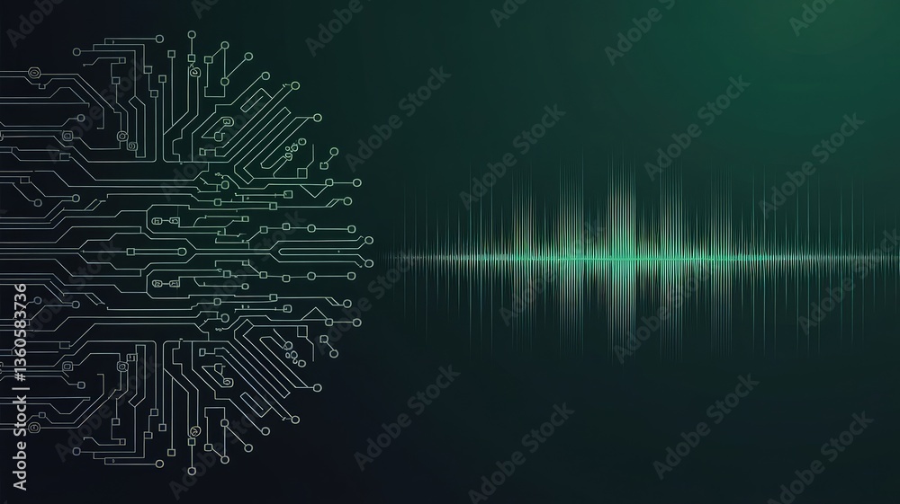 Poster digital soundwave and circuit: an abstract representation of technology, showcasing a circuit board 