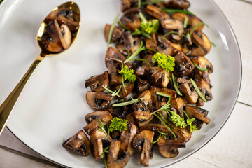 Roasted, baked mushrooms, homemade food. Top view