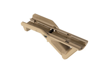 Tan-colored angled grip for firearms, combining lightweight construction with ergonomic design.
