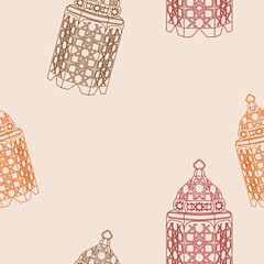 Editable Outline Style With Various Colors Arabian Lamps Vector Illustration as Seamless Pattern for Creating Background of Islamic Occasional Theme Such as Ramadan and Eid or Arab Culture
