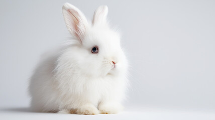 white longhaired rabbit sitting on white background