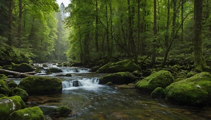Fototapeta premium Un río serpentea a través de un bosque frondoso. Rocas cubiertas de musgo bordean el agua, que fluye con suavidad. La luz del sol se filtra entre los árboles, creando una atmósfera mágica.